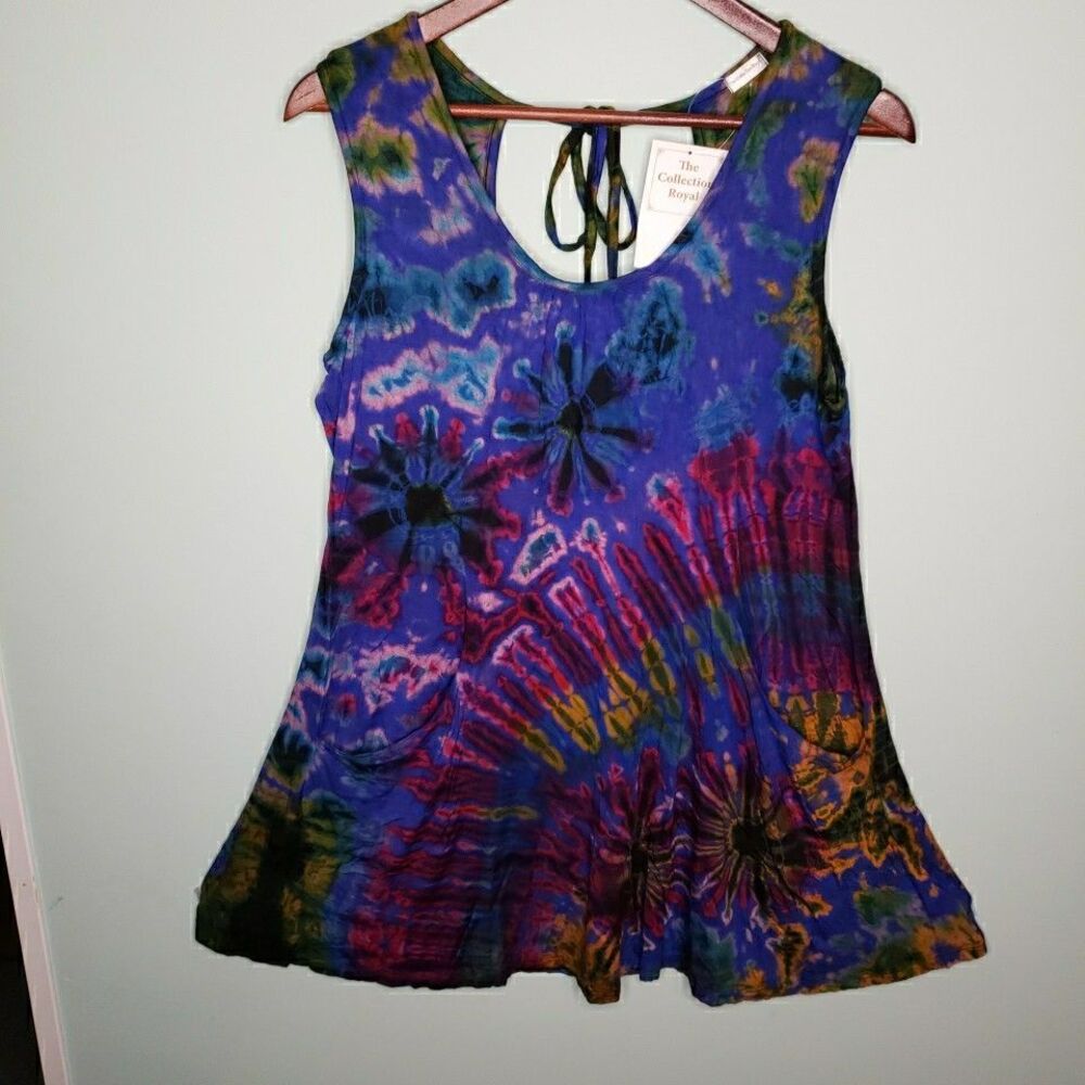 Tie Dye Sleeveless Sun Dress Pockets Summer Casual Loose Beach Cover Up Large XL - Picture 15 of 15